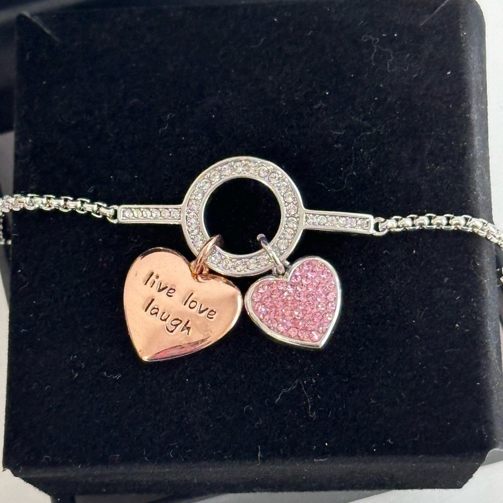 Live Laugh Love Silver Bracelet Pink Crystal Heart Feminine Gift Coquette Y2K
